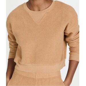 Monrow Cropped Teddy Fleece Sweatshirt in Tan Medium